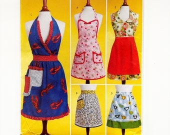 Butterick 5474 Delantales Delantal de cocina completo Medio delantal de anfitriona Volantes Cuello en V Patrón de costura retro sin cortar
