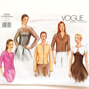 May include: A sewing pattern for five different jackets, including a sheer jacket, a brown jacket, a yellow jacket, a pink jacket, and a white bolero. The pattern is from Vogue basic design and is for sizes 8-10-12.