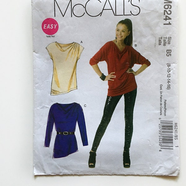 McCall's 6241 Draped Neckline Pullover Tunics Asymmetric Hems Misses 8-16 Uncut Sewing Pattern