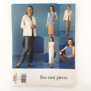 May include: A sewing pattern for five easy pieces of clothing. The pattern includes a jacket, a sleeveless top, a skirt, a dress, and a tank top. The pattern is for sizes 12-14-16.