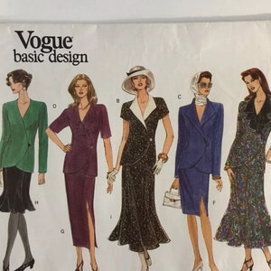 May include: Vogue basic design sewing pattern number 1210 for sizes 6-8-10. The pattern shows five different outfits for women, including a green jacket with a black skirt, a purple jacket with a purple skirt, a black jacket with a black skirt, a blue jacket with a blue skirt, and a black and green jacket with a black and green skirt.