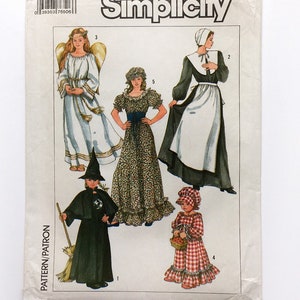 May include: Simplicity sewing pattern number 7650 for sizes 6-8. The pattern includes five different costumes: an angel, a pilgrim, a witch, a pioneer, and a little red riding hood. The pattern is printed on white paper with black text and illustrations.