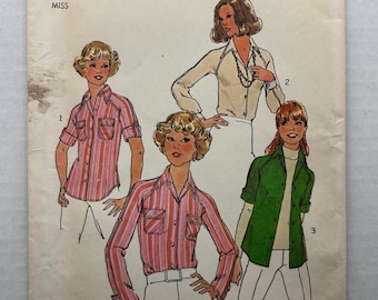 Koszula w stylu vintage z lat 70., prostota, 7912, rękaw raglanowy, guziki z przodu, rolowane zakładki, rozmiar 14, biust 36, nierozcięty wzór do szycia