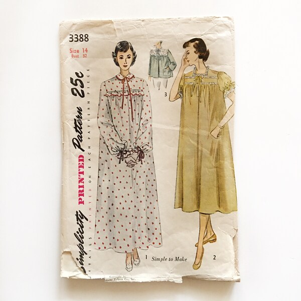 1950's Simplicity 3388  Nightgown in Two Lengths and Bed-Jacket Misses 14 Bust 32 CUT Sewing Pattern