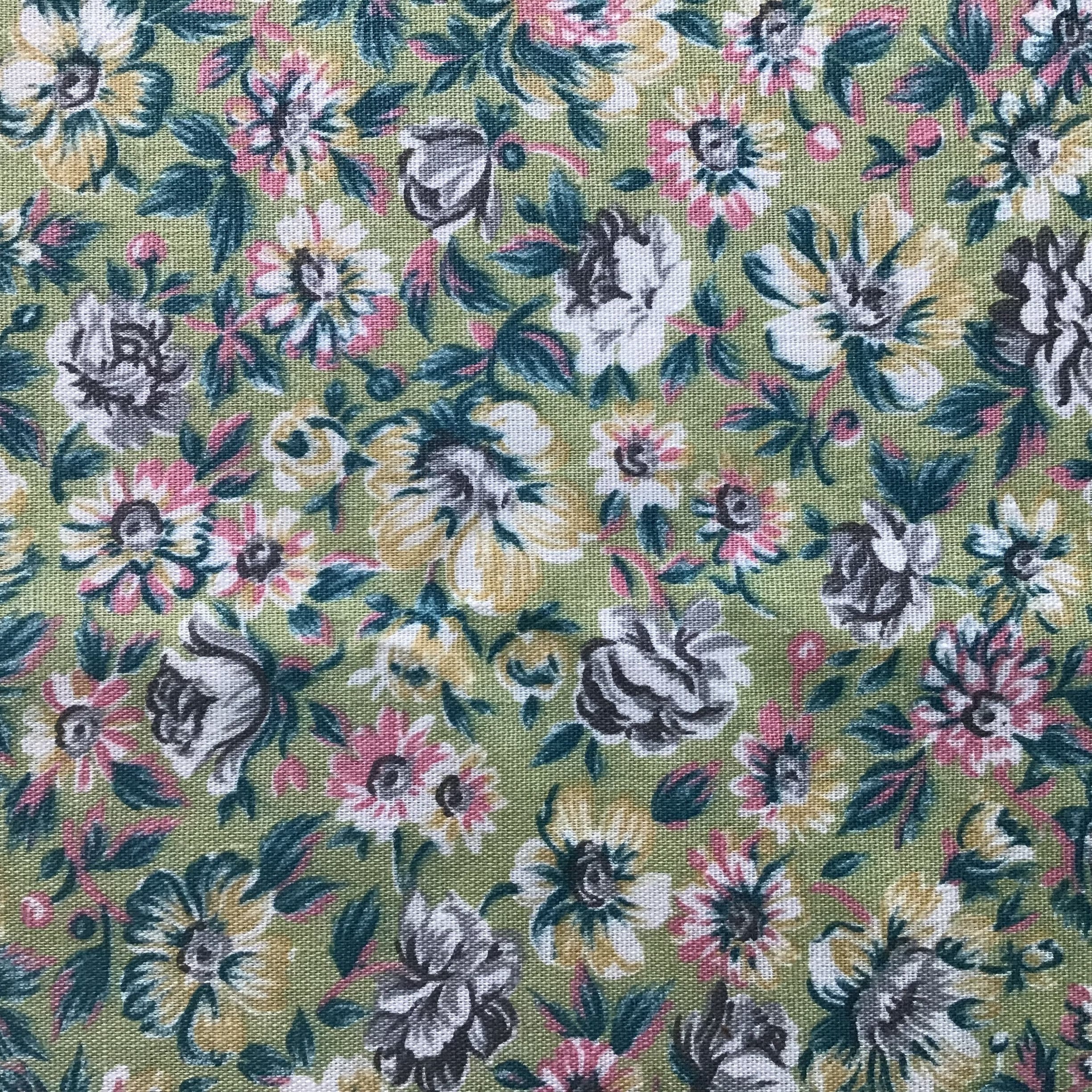 Vintage Cranston Print Green Pink Yellow Small Floral Cotton Fabric By the Half Yard 1980s
