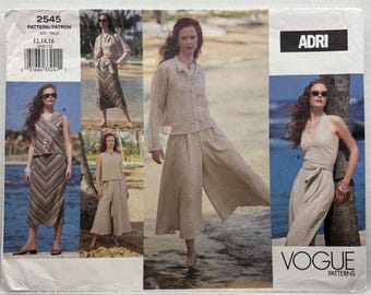 Vogue 2545 Top z wiązaniem na szyi, kurtka, top, spódnica i kuloty, rozmiary 12, 14, 16, biust 34-38, nierozcięty, wykrój do szycia