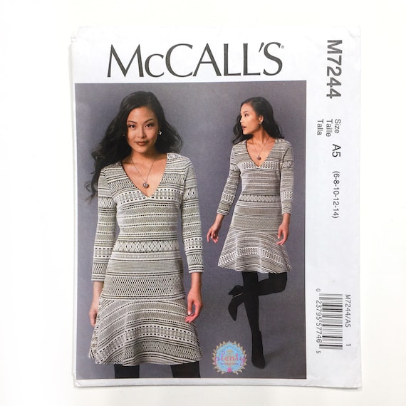 Mccall's 7244 Drop Waist Fit and Flare Dress V Neck Stretch Knit Misses  6-14 Uncut Sewing Pattern
