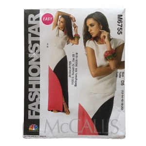 May include: A sewing pattern for a dress with a black, white, and pink color scheme. The pattern is labeled "Fashionstar" and "M6755" and is for sizes D5 (12-14-16-18-20).