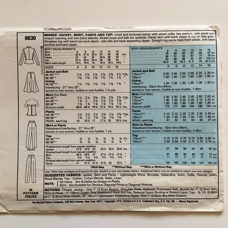 Mccall's 6830 Shawl Collar Peplum Jacket, Bias Cut Full Skirt, Straight ...