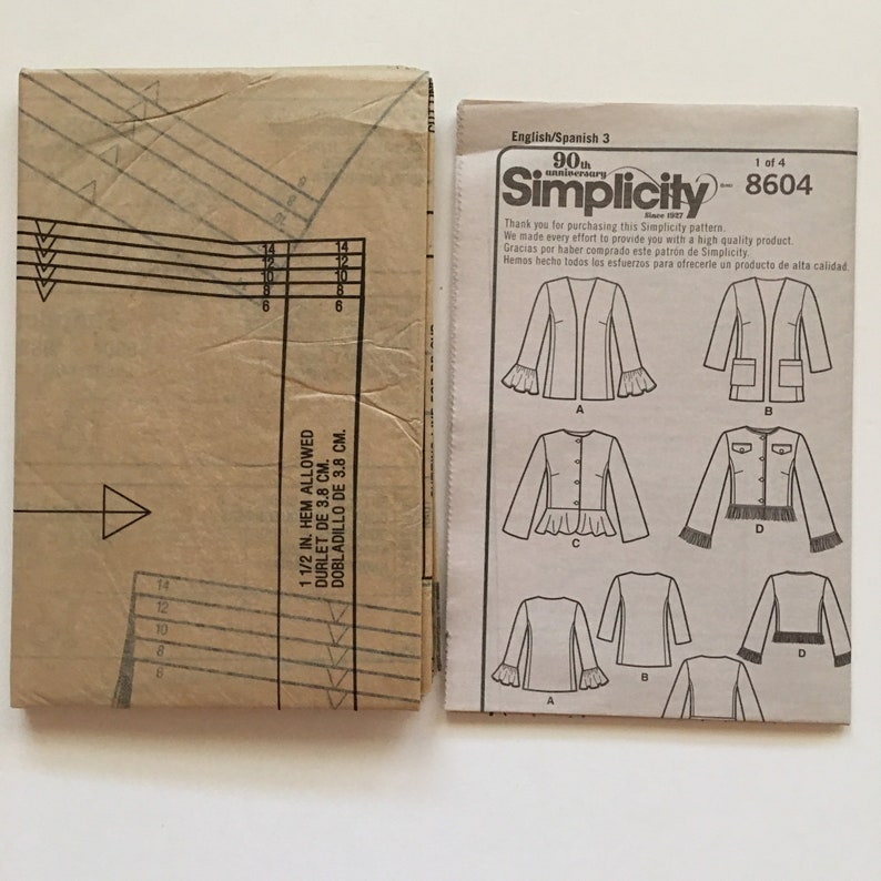Simplicity 8604 Lined Collarless Jacket Bell Sleeves Peplum Misses 6-14 ...