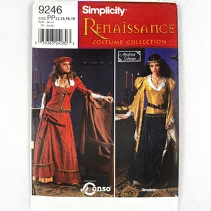 May include: Simplicity pattern 9246 for Renaissance costumes. The pattern includes two designs: a red dress with a brown jacket and a gold dress with a black skirt. The pattern is for sizes PP 12, 14, 16, 18.