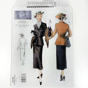 May include: Vintage Vogue sewing pattern for a dress and jacket. The pattern is for sizes 12, 14, and 16. The pattern is from 1948 and features two women wearing the dress and jacket. The dress is a black skirt with a matching jacket. The jacket has a fur collar and a white ruffle at the neck. The second woman is wearing a brown skirt and jacket. The pattern is labelled "Vogue Vintage Model Original 1948 Design Dessin Original De 1948".
