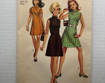 Simplicity 8588 Vintage 1969 Dress Mock Neck Above Knee Misses 14 Bust 36 Uncut Sewing Pattern