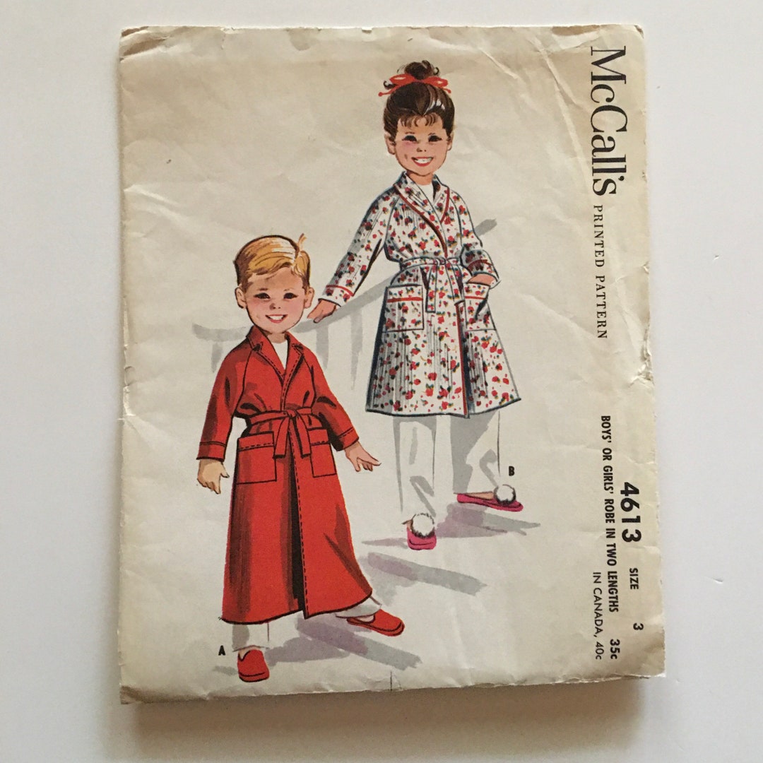 Vintage 1950s Mccall's 4613 Childs Robe Size 3 Belted Shawl Collar With ...