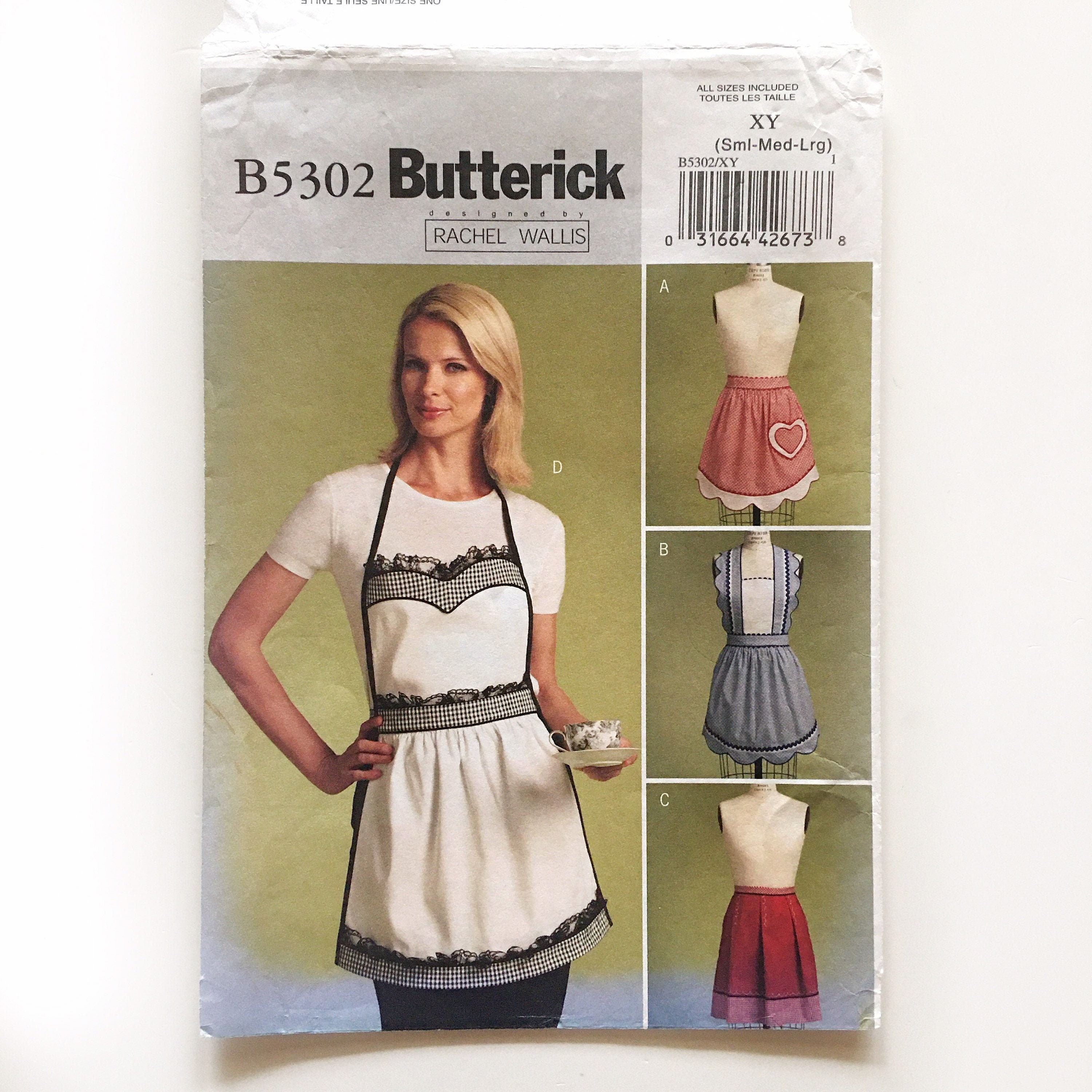 Butterick 5302 Delantales de cocina retro Delantal completo Medio delantal festoneado plisado S M L Patrón de costura sin cortar