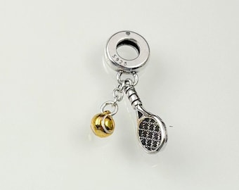 Charm de tenis en plata 925 para pulsera o collar Pandora, charms, colgantes, hecho a mano, colgante de raqueta de tenis, charm de pelota de tenis en oro