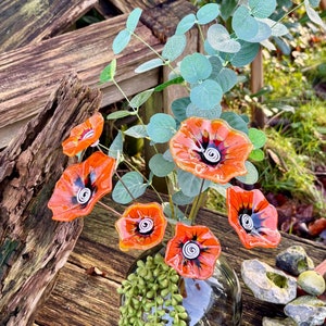Glass flower stainless steel rod glass blossom large flower unique handmade Murano glass bouquet glass garden stake orange poppy poppy