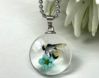 Blüten-Glas-Kettenanhänger mit Biene, perlen-hexerei, Glas, Muranoglas, Glasbead