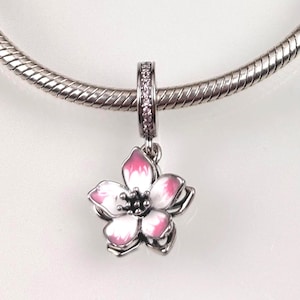 Körsbärsblomsberlock, 925 sterlingsilver, 18k guldpläterad, för Pandora armband eller halsband, hänge, kubisk zirkonia, handgjord