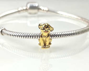 Simba el León, Charm de plata de ley 925 bañado en oro para pulsera o collar Pandora, Plata, Charms, Colgantes, Pascua, Hecho a mano, El Rey León