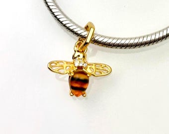 Gold Bee Charm, 925 Sterling Silver, 14k Gold Plated, for Pandora Bracelet or Necklace, Pendant with Cubic Zirconia, Handmade, Honey, Insects, Beekeeper