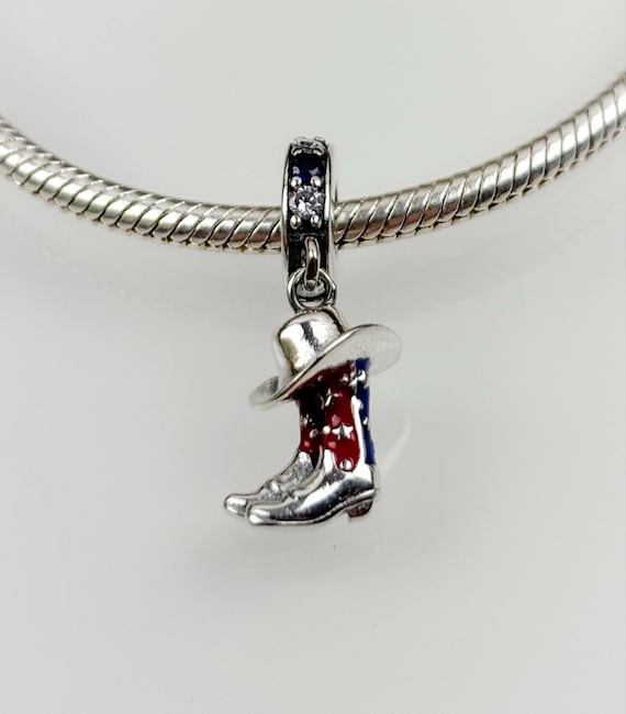 Cowboystiefel  925 Silber Charm für Pandora-Armband oder Kette Silber Kettenanhänger Ostern Handgefertigt Cowboyhut USA Flagge Fahne rot bau