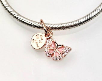 Pingente de borboleta em ouro rosa, prata de lei 925, banhado a ouro 18 quilates, para pulseira ou colar Pandora, zircônia cúbica, feito à mão.
