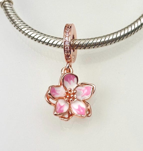 Rose Gold Cherry Blossom Flower Charm, 925 Sterling Silver, 18