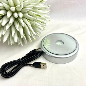 Puede incluir: Una base de exhibición LED plateada con una parte superior redonda y transparente. Un cable USB negro está conectado a la base. Una flor decorativa blanca y verde está en el fondo.