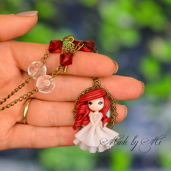 Polymer clay doll necklace, fimo doll, kawaii chibi doll, gift for her, polymer clay charm, chain necklace, polymer clay pendant, chibi doll