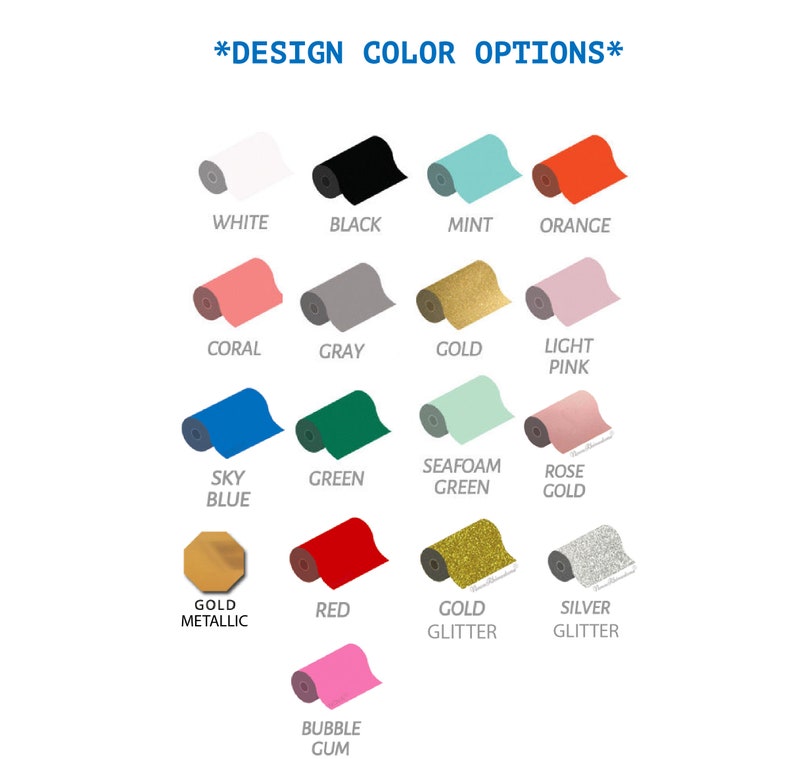 K&ouml;nnte beinhalten: Eine Tabelle mit 14 verschiedenen Farboptionen f&uuml;r ein Designprojekt. Die Farben umfassen Wei&szlig;, Schwarz, Minze, Orange, Koralle, Grau, Gold, Hellrosa, Himmelblau, Gr&uuml;n, Seegr&uuml;n, Ros&eacute;gold, Gold Metallic, Rot, Goldglitter und Silberglitter. Die Farben werden in einem Rasterformat angezeigt, wobei der Name jeder Farbe unter dem entsprechenden Farbfeld steht.