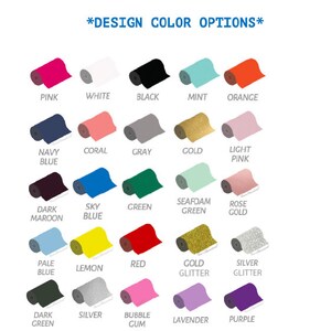 May include: A chart displaying 20 different colour options for a design project. The colours are shown as rolled-up swatches of fabric or paper. The colours include pink, white, black, mint, orange, navy blue, coral, grey, gold, light pink, dark maroon, sky blue, green, seafoam green, rose gold, pale blue, lemon, red, gold glitter, silver glitter, dark green, silver, bubble gum, lavender, and purple.
