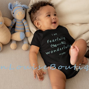 I am fearfully and wonderfully made religious baby bodysuit, Baby shower gift, Infant Black Unisex baby shirt, Bible Verse Psalm 139:14