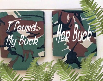 Camo Hunting Can Coolers, Set of 2 His and her can holders, I found my Buck & Her Buck can wraps, Wedding engagement gift Outdoorsy