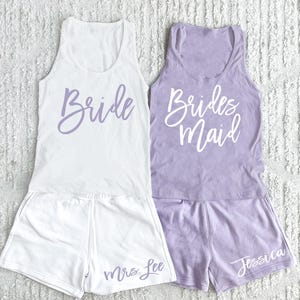 lilac bridesmaid pajamas, bridal party pj set, wedding day pajamas, getting ready outfit, custom bridesmaid pjs, short set, robe alternative