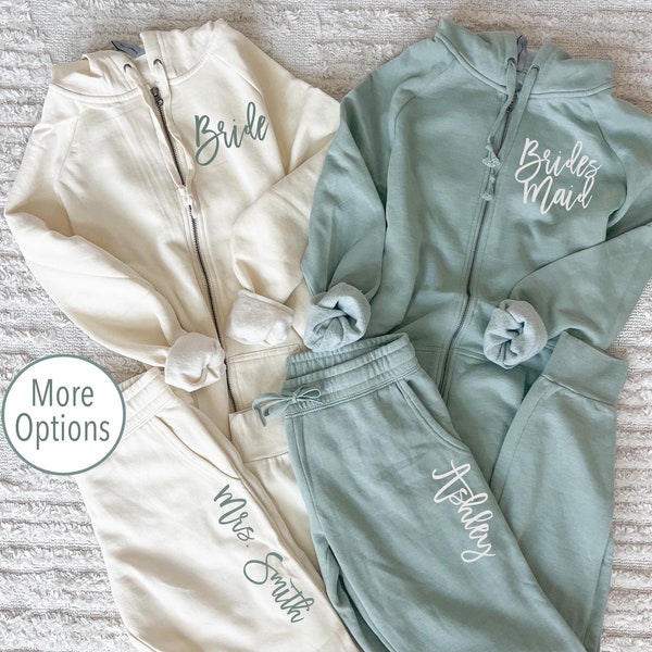 custom bridesmaid sweatsuit, custom bridesmaid pajamas, bridesmaid getting ready outfit, wedding day pjs, bridesmaid sweats, sage wedding