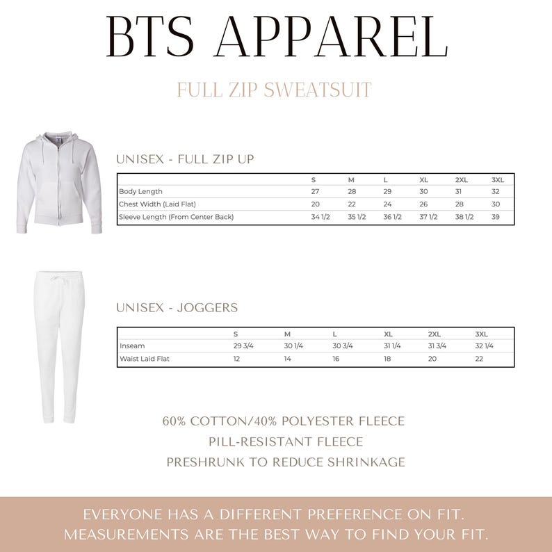 May include: White full-zip sweatshirt and matching sweatpants. The size chart shows measurements in inches for sizes S through 3XL. The fabric is 60% cotton and 40% polyester fleece. The text "BTS Apparel" and "Full Zip Sweatsuit" is at the top of the image. The text "Unisex - Full Zip Up" and "Unisex - Joggers" is in the size chart. The text "60% Cotton/40% Polyester Fleece, Pill-Resistant Fleece, Preshrunk to Reduce Shrinkage" is at the bottom of the image. The text "Everyone has a different preference on fit. Measurements are the best way to find your fit." is at the bottom of the image.
