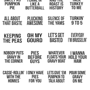 May include: A digital graphic featuring the BTSAPPAREL logo and a grid of 24 humorous Thanksgiving-themed phrases in black sans-serif text on a white background, including slogans like Sweet as Pumpkin Pie and Feast Mode: Activated.