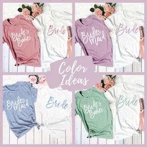 May include: Six t-shirts in different colors with the text "Bride", "Bride's Babes", and "Bridesmaid" printed on them. The shirts are arranged in a grid pattern with a pink, purple, blue, green, and white shirt. The text "Color Ideas" is written in a pink box in the center of the image.