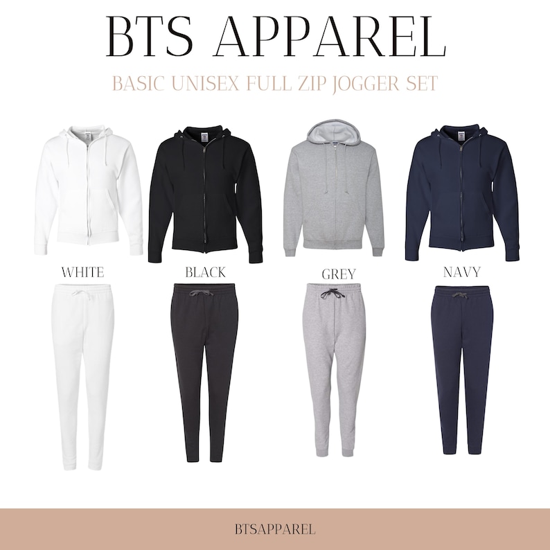 May include: A set of four unisex full zip jogger sets in white, black, grey, and navy. The sets feature a full zip hoodie and matching jogger pants.