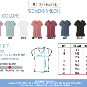 May include: A size chart for women's v-neck t-shirts. The chart shows the size, the corresponding bust size, and the width and length of the shirt in inches. The chart also includes a color chart showing the different colors available for the t-shirts.