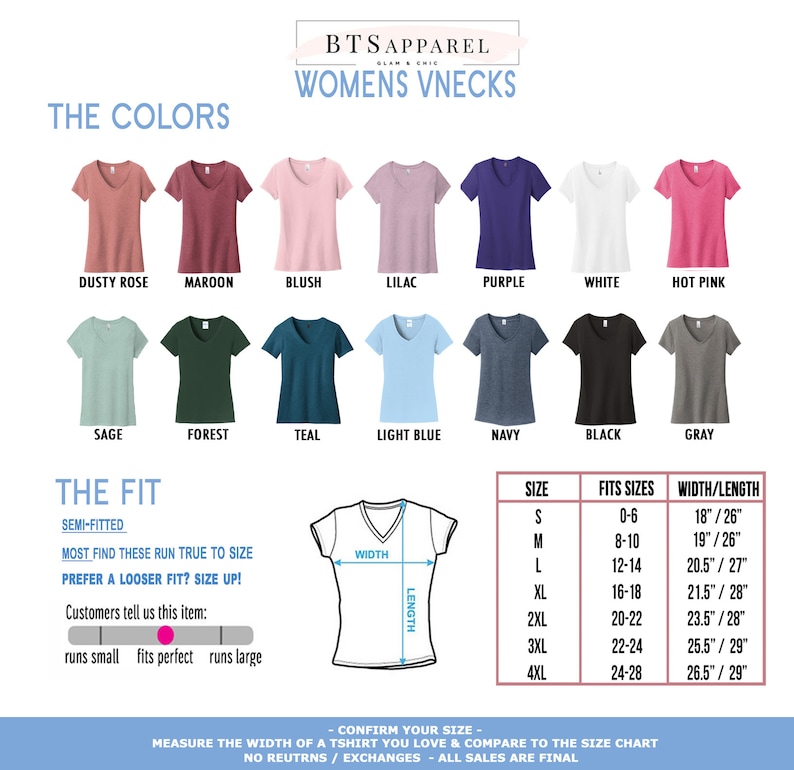 Puede incluir: Un gr&aacute;fico que muestra los colores y las tallas de camisetas de cuello en V para mujer. Los colores incluyen rosa polvoriento, granate, rubor, lila, morado, blanco, rosa intenso, salvia, bosque, verde azulado, azul claro, azul marino, negro y gris. La tabla de tallas muestra la talla correspondiente para cada talla de la S a la 4XL, con las medidas de ancho y largo en pulgadas.