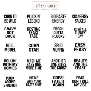 May include: A graphic design sheet featuring the text BTSAPPAREL GLAM & CHIC at the top, followed by twenty humorous phrases in black sans-serif font arranged in a grid, including Corn To Be Wild, Pluckin' Legend, and Peas Don't Kill My Vibe.