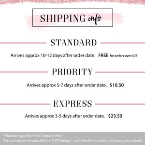 Puede incluir: Un gr&aacute;fico rosa y blanco con el texto "SHIPPING info" en la parte superior. El gr&aacute;fico enumera tres opciones de env&iacute;o: Est&aacute;ndar, Prioritario y Expreso. Cada opci&oacute;n incluye el tiempo de entrega estimado y el costo de env&iacute;o. El texto en la parte inferior del gr&aacute;fico dice "Timelines applied to US orders ONLY" y "We cannot be responsible for USPS delays - use timeline as estimates (not guaranteed)."