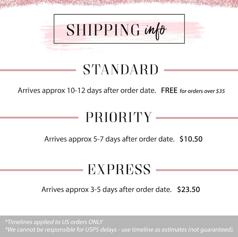 Puede incluir: Un gr&aacute;fico rosa y blanco con el texto "SHIPPING info" en la parte superior. El gr&aacute;fico enumera tres opciones de env&iacute;o: Est&aacute;ndar, Prioritario y Expreso. Cada opci&oacute;n incluye el tiempo de entrega estimado y el costo de env&iacute;o. El texto en la parte inferior del gr&aacute;fico dice "Timelines applied to US orders ONLY" y "We cannot be responsible for USPS delays - use timeline as estimates (not guaranteed)."