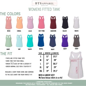 May include: A size chart for women's fitted tank tops. The chart shows the size, width, and length of the tank tops in inches. The colors of the tank tops are shown in a row above the chart. The colors are rose, coral, lilac, hot pink, maroon, black, white, mint, sky, tahiti, royal, navy, and gray.
