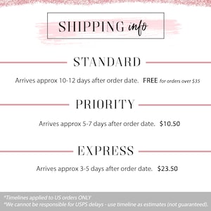 May include: A pink and white graphic with the text "SHIPPING info" at the top.  The graphic lists three shipping options: Standard, Priority, and Express.  Each option includes the estimated delivery time and the shipping cost.  The text at the bottom of the graphic reads: "*Timelines applied to US orders ONLY *We cannot be responsible for USPS delays - use timeline as estimates (not guaranteed)."