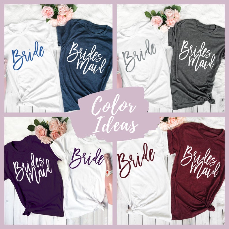 May include: Six t-shirts with different colors and text. The text on the shirts says "Bride" and "Bridesmaid". The shirts are arranged in a grid with a pink background.