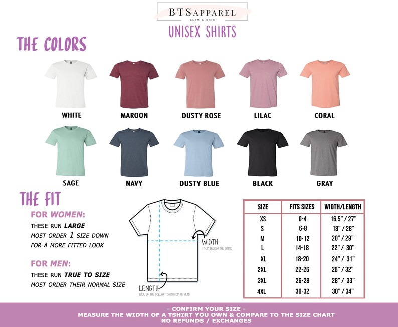 以下が含まれることがあります： 白、マルーン、ダスティローズなどの色のユニセックスTシャツの色見本。画像には、インチ単位のサイズチャートと、女性と男性のフィットに関する情報が含まれています。