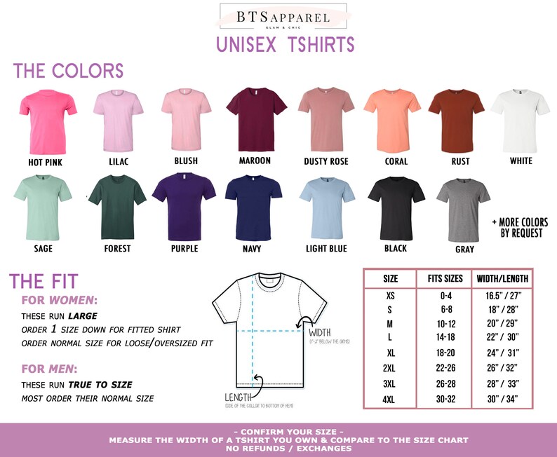 May include: A chart showing the different colors and sizes available for unisex t-shirts. The colors include hot pink, lilac, blush, maroon, dusty rose, coral, rust, white, sage, forest, purple, navy, light blue, black, and gray. The size chart shows the corresponding chest measurements for each size, from XS to 4XL.